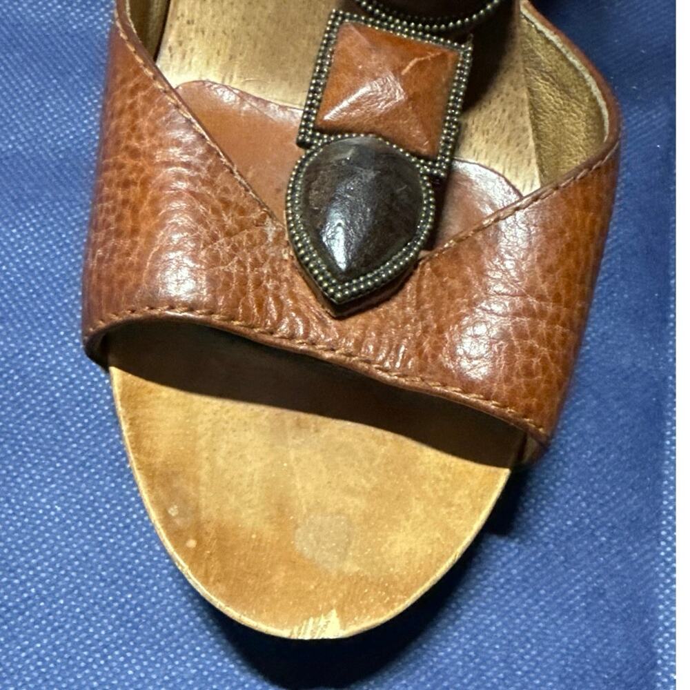 Frye Tan Dolly Jeweled Wooden High Heel Leather T-Strap Sandals Boho Bohemian7.5 - Picture 11 of 11